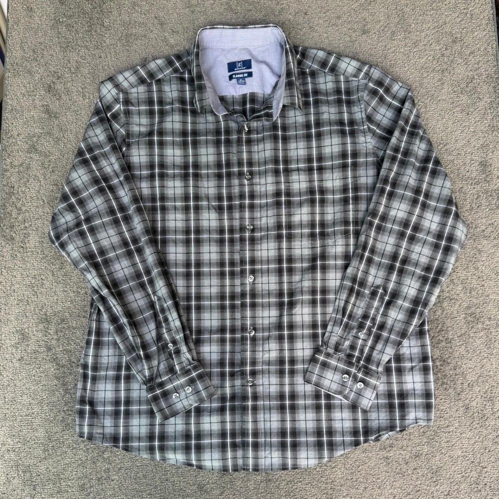 George Mens XL Classic Fit‎ Grey Plaid Long Sleeve Button Down Shirt Stretch